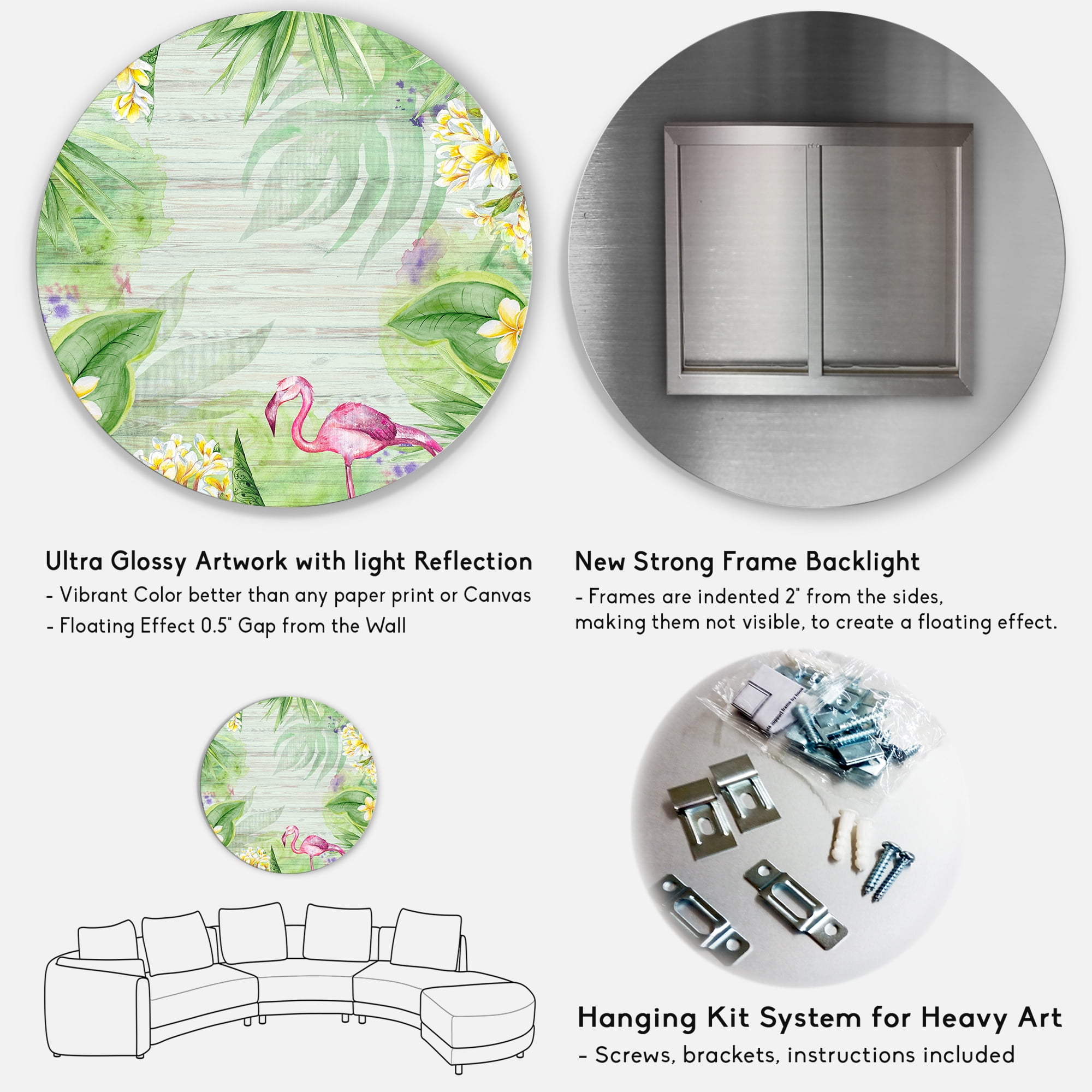 Designart 'Yellow Flowers, Tropical Foliage With Flamingo I' Modern Circle Metal Wall Art 23x23 - Disc of 23
