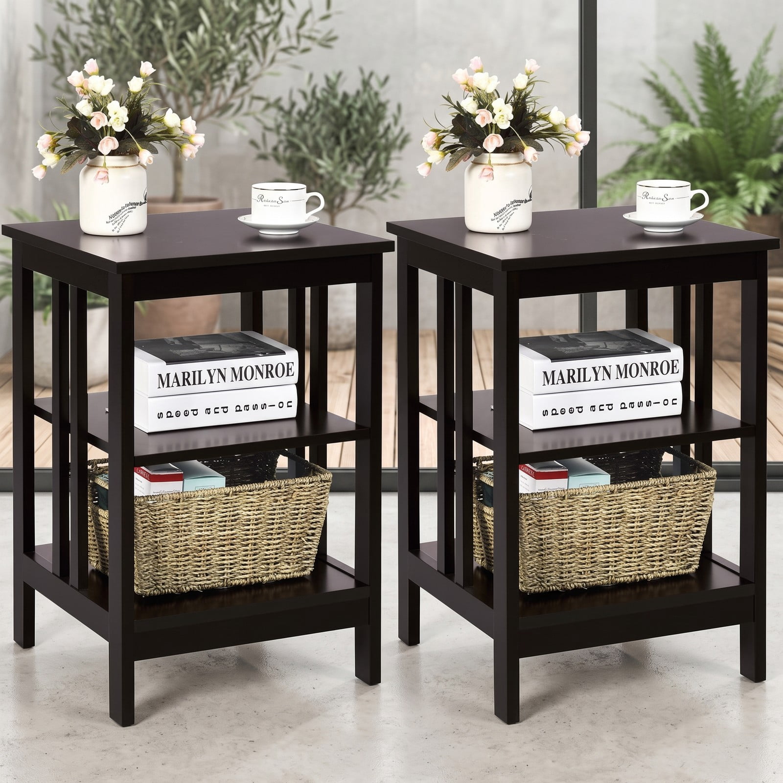 Furnibear 2 Pieces 3-Tier Nightstand, MDF Bedside End Side Table with Reinforced Bars, Open Shelf Storage Night Stand for Bedroom Living Room Entryway, Dark Brown