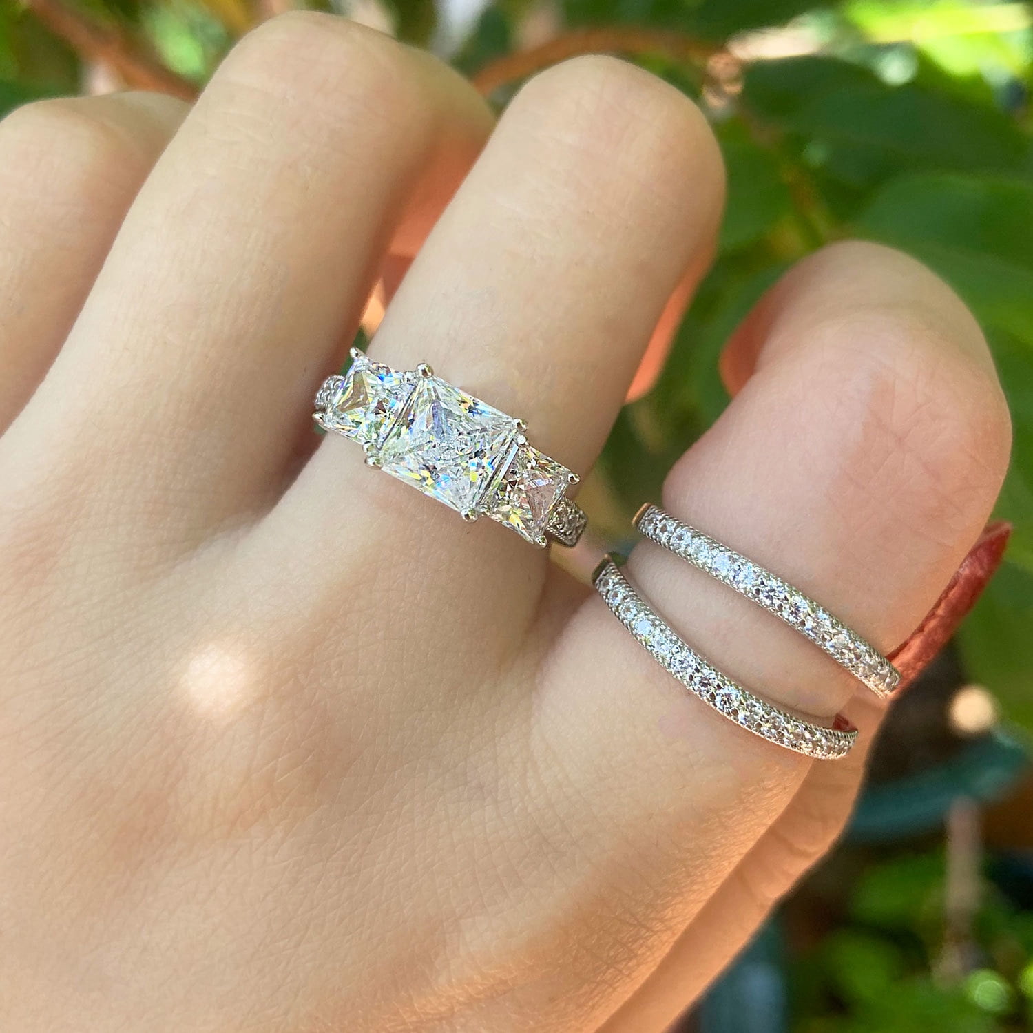 SHELOVES 1.9 Carat Three-Stone Princess Cut AAAAA CZ Wedding Rings for Women Engagement Ring Sets 925 Sterling Silver Size 7