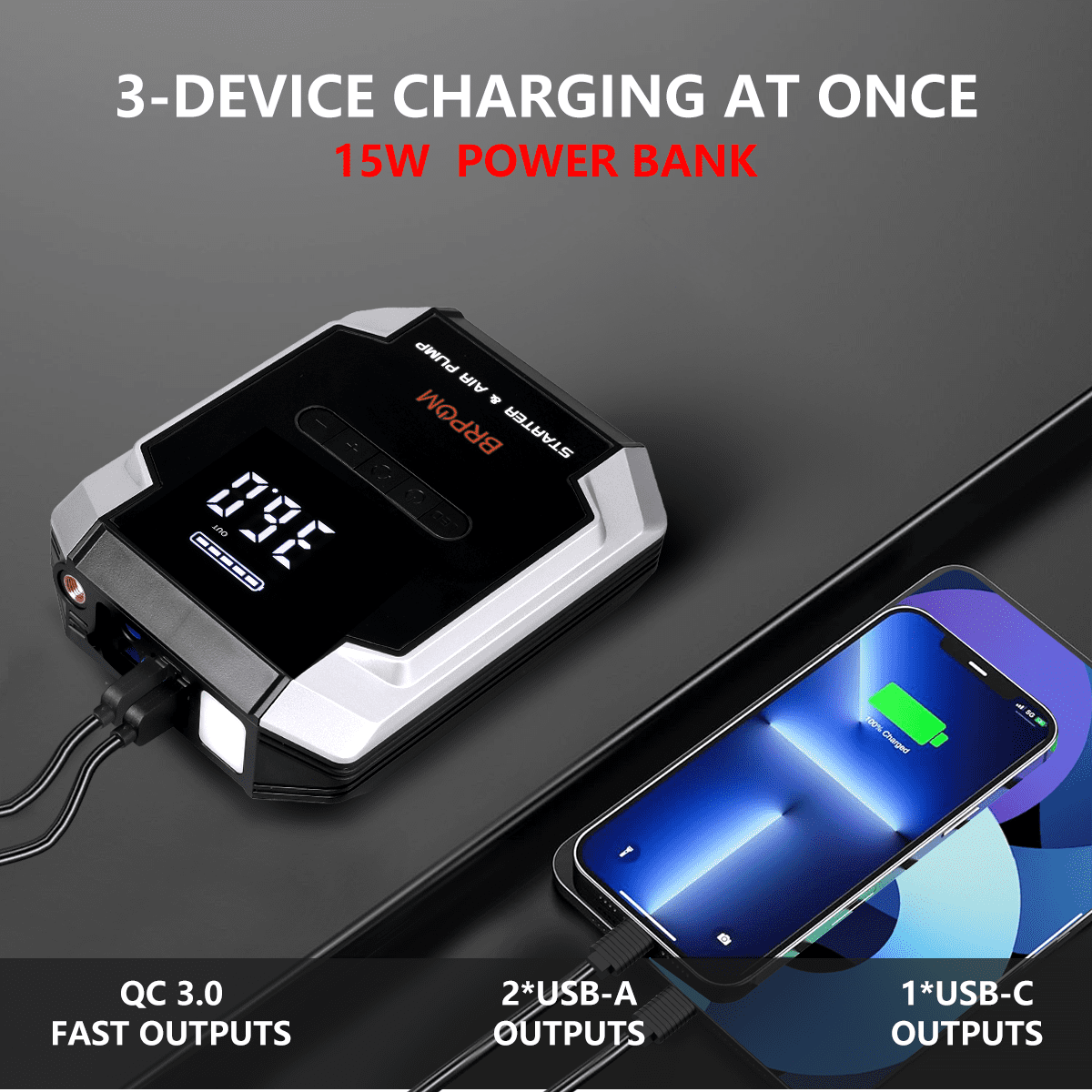 BRPOM 8500A Car Jump Starter with Air Compressor 150PSI, 10000mAh Portable Car Battery Jump Starter Box 12V (All Gas/10L Diesel), QC 3.0 Power Bank, LCD Display, LED Emergency Light, Jumper
