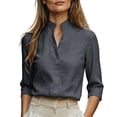thumbnail image 3 of VBVC Women's Linen Stand Collar V Neck Blouse, Ladies' Long Sleeve Work Shirt, Elegant Office Top For Women, Dark Gray , S-2XL, 3 of 8