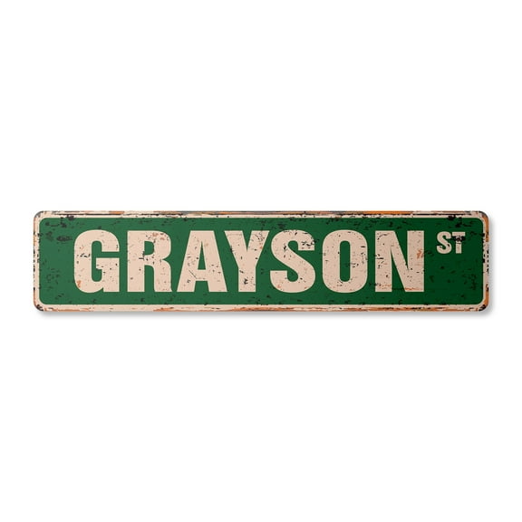 GRAYSON Vintage Aluminum Street Sign Childrens Name Room Metal Sign rustic metal tin | Indoor/Outdoor | 24" Wide
