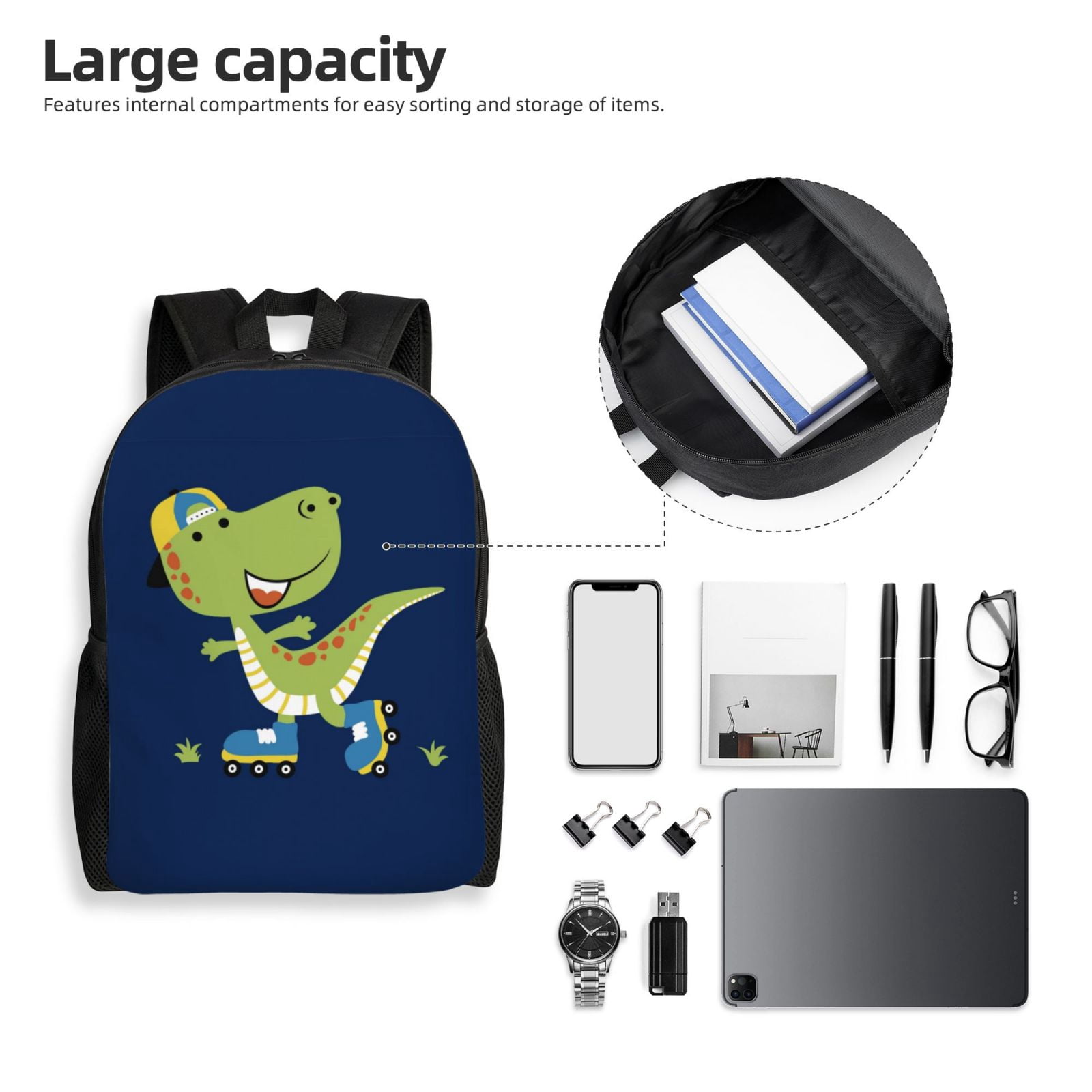 Xecao Dino Playing Roller Skate Print School Backpack with Laptop Compartment Small Travel Laptop Backpack for Women Men Waterproof College Backpack Simple School Bag
