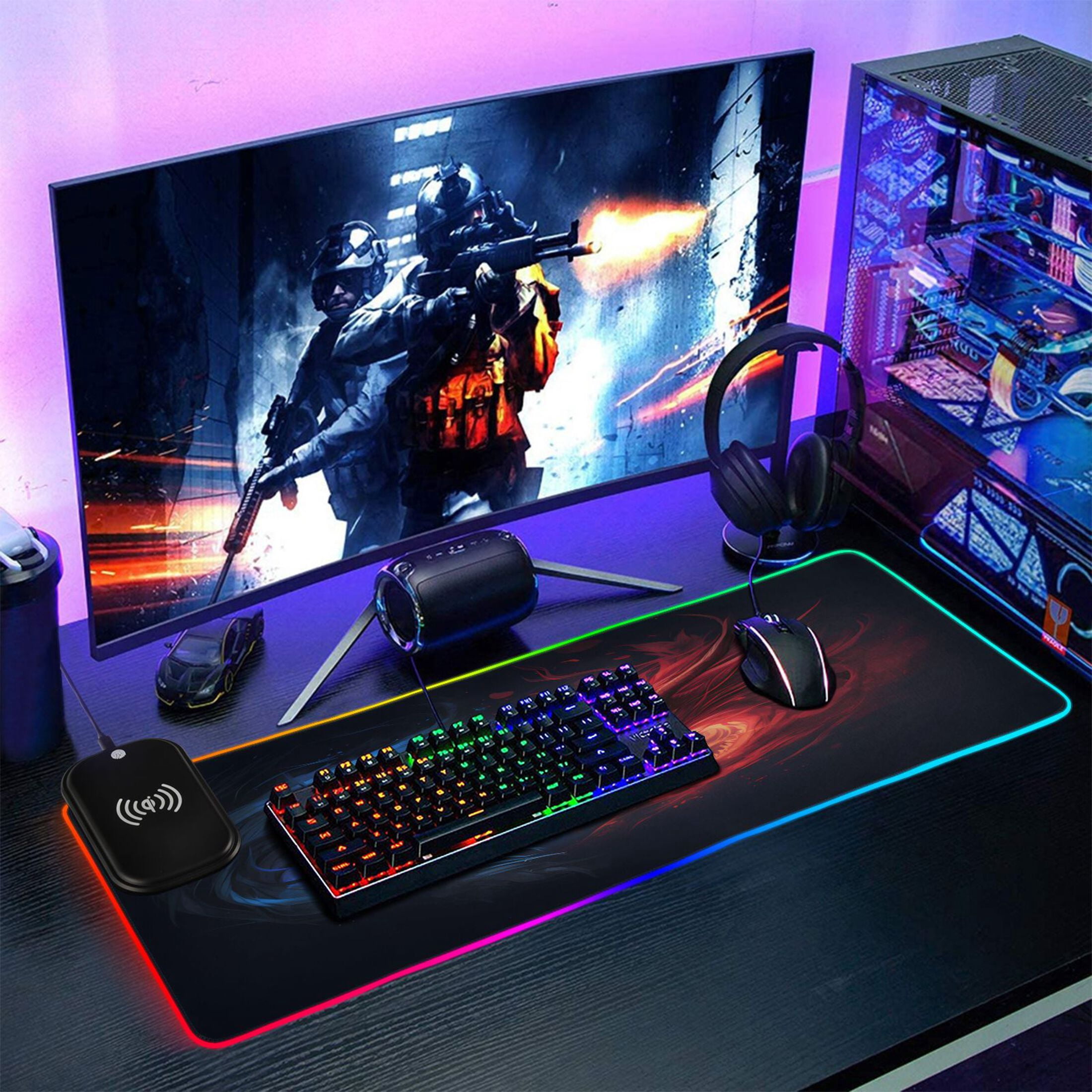 Large RGB Gaming Mouse Pad Led Glowing Mousepad Non-Slip Rubber Base 13 Light Modes 31.5x11.8 Fantasy Dragons Head