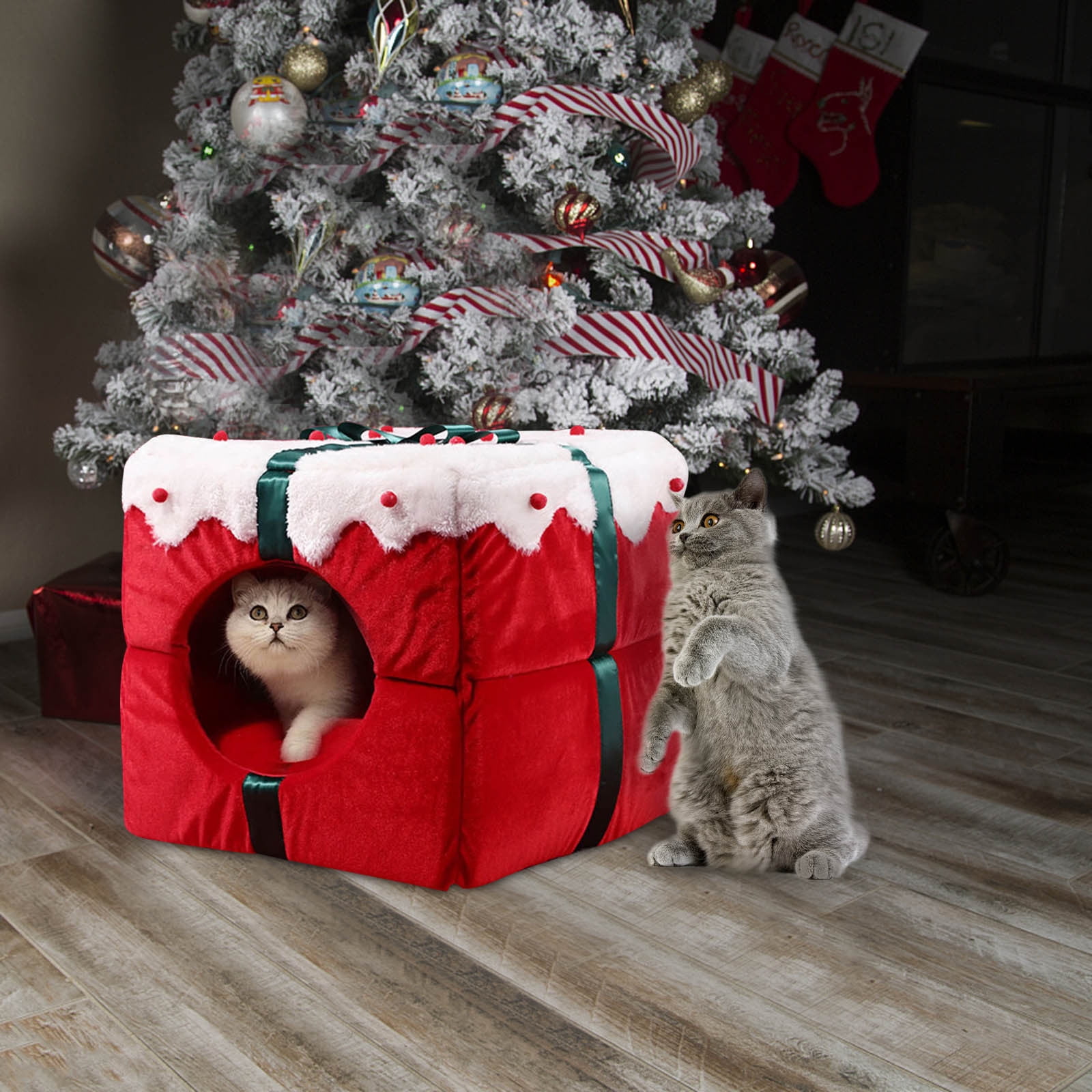 Matoen Christmas Cat Beds for Indoor Cats - Large Cat Cave for Pet, Foldable Santa Cat Hideaway