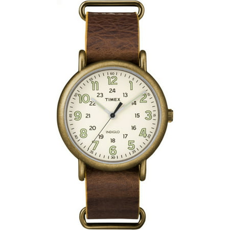 Timex Men's Weekender 40 Antiqued Brass Watch, Brown Leather Slip-Thru Strap