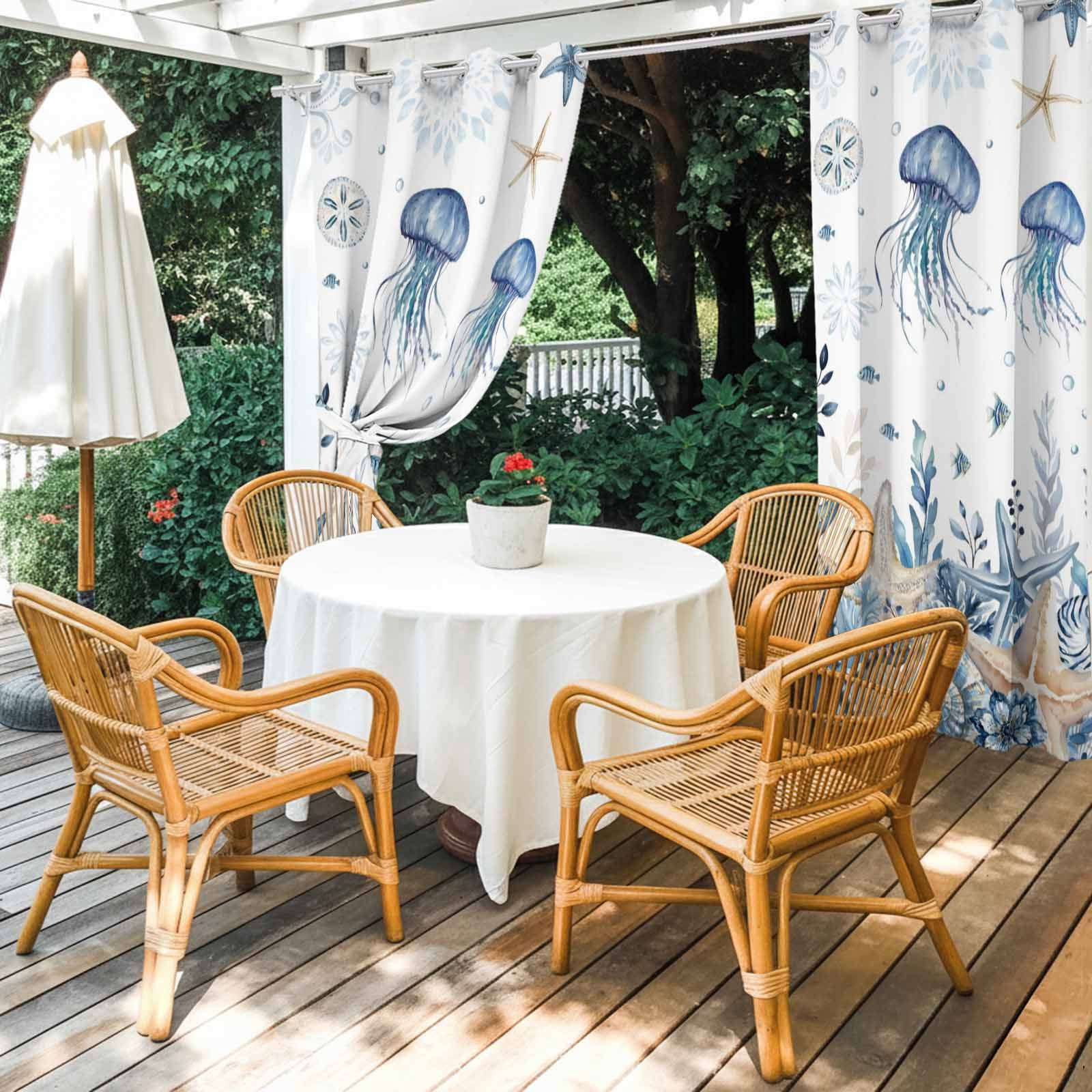 Ocean Jellyfish Outdoor Curtains for Patio, Blue Yellow Sea Star Shell Coral Sunshade Privacy Drapes Grommet Waterproof Outside Curtains for Porch/Cabana/Balcony 54"x 108", 1 Panel
