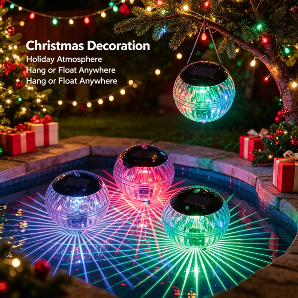 2PCS Solar Floating Pool Lights, IP65 Waterproof RGB Color‑Changing LED Lights, Solar‑Powered with Hanging Hole for Pond, Fountain, Garden, Patio Outdoor Decoration