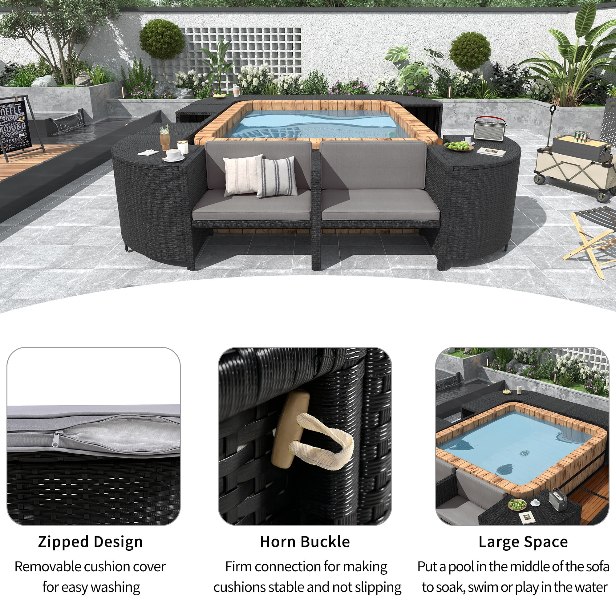 Seizeen Spa Surround Furniture for Hot Tub, 74'' Hot Tub Accessories Patio Spa Frame, Rattan Sectional Sofa for Outdoor Spa with Wood Bench, Cushioned Loveseat, Storage Cabinet, Gray