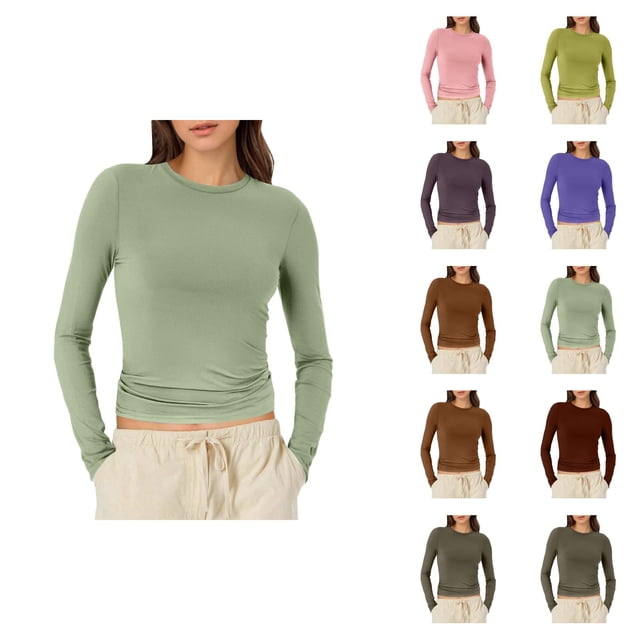 Chemises à Manches Longues pour Femmes 2026 Printemps Tendance Y2k T-Shirt Court Col Rond Ajusté