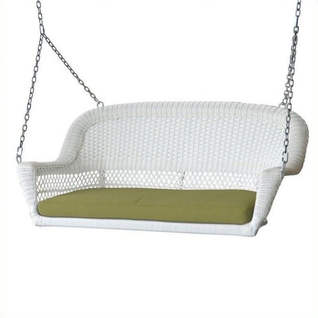 Pemberly Row Balançoire en Osier pour Porche en Blanc avec Coussin Vert
