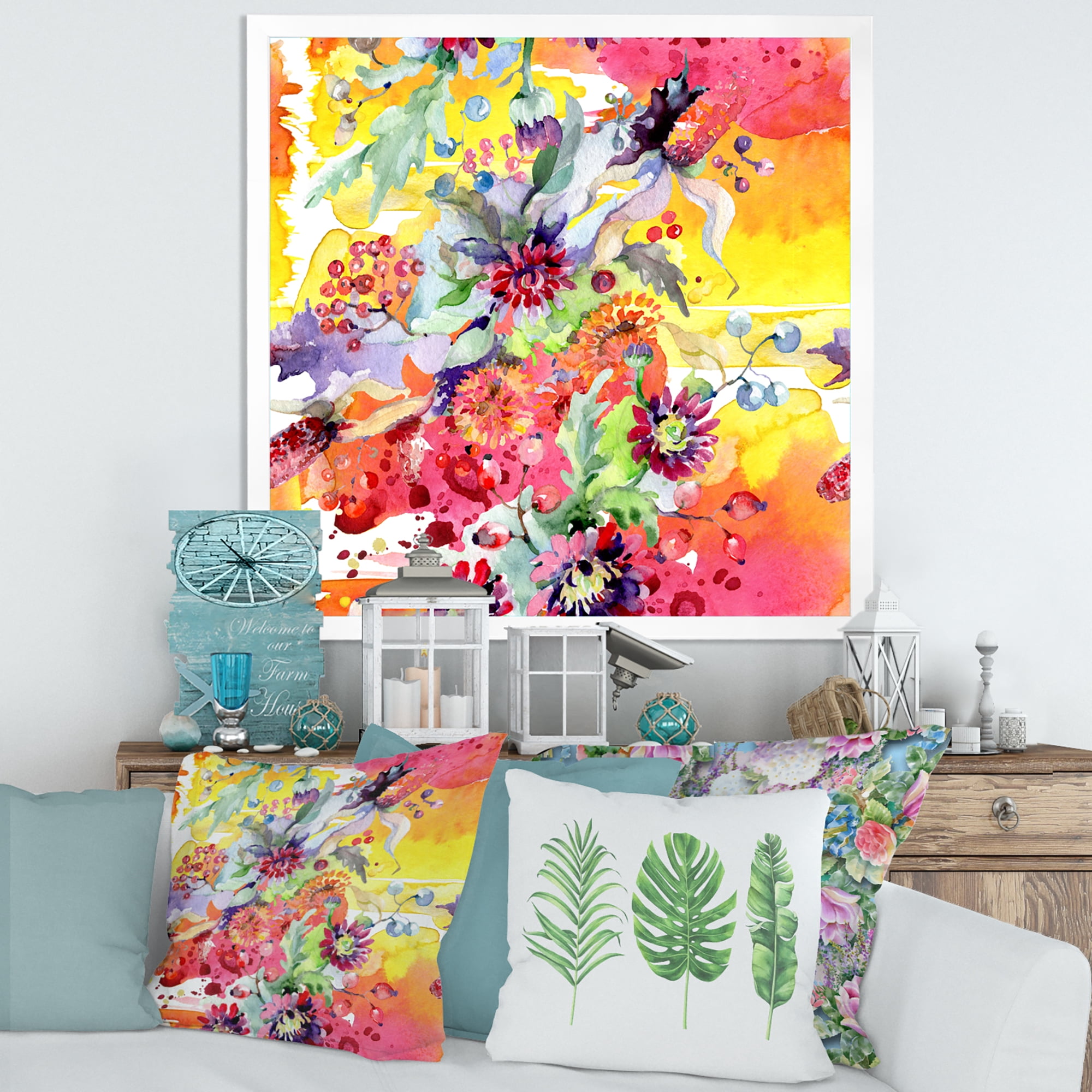 Wildflowers and Vibrant Wild Spring Leaves 30 in x 30 in Framed Painting Canvas Art Print, by Designart