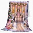 thumbnail image 2 of Pink Winter Cottage Scene Christmas Tree Gifts Festive, Festive Holiday Scene, Warm Flannel Blanket for Living Room and Family Room, Art Lovers Christmas Gift, Festive Home Decor, 2 of 9