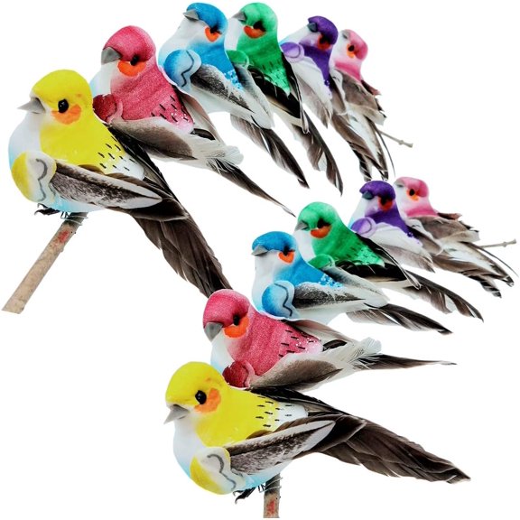 12pcs Fake Birds, 4" Mini Artificial Foam Feather Bird Ornaments, for Seasonal Display Christmas Tree Decoration Birthday Party Gift Bird Model Crafts