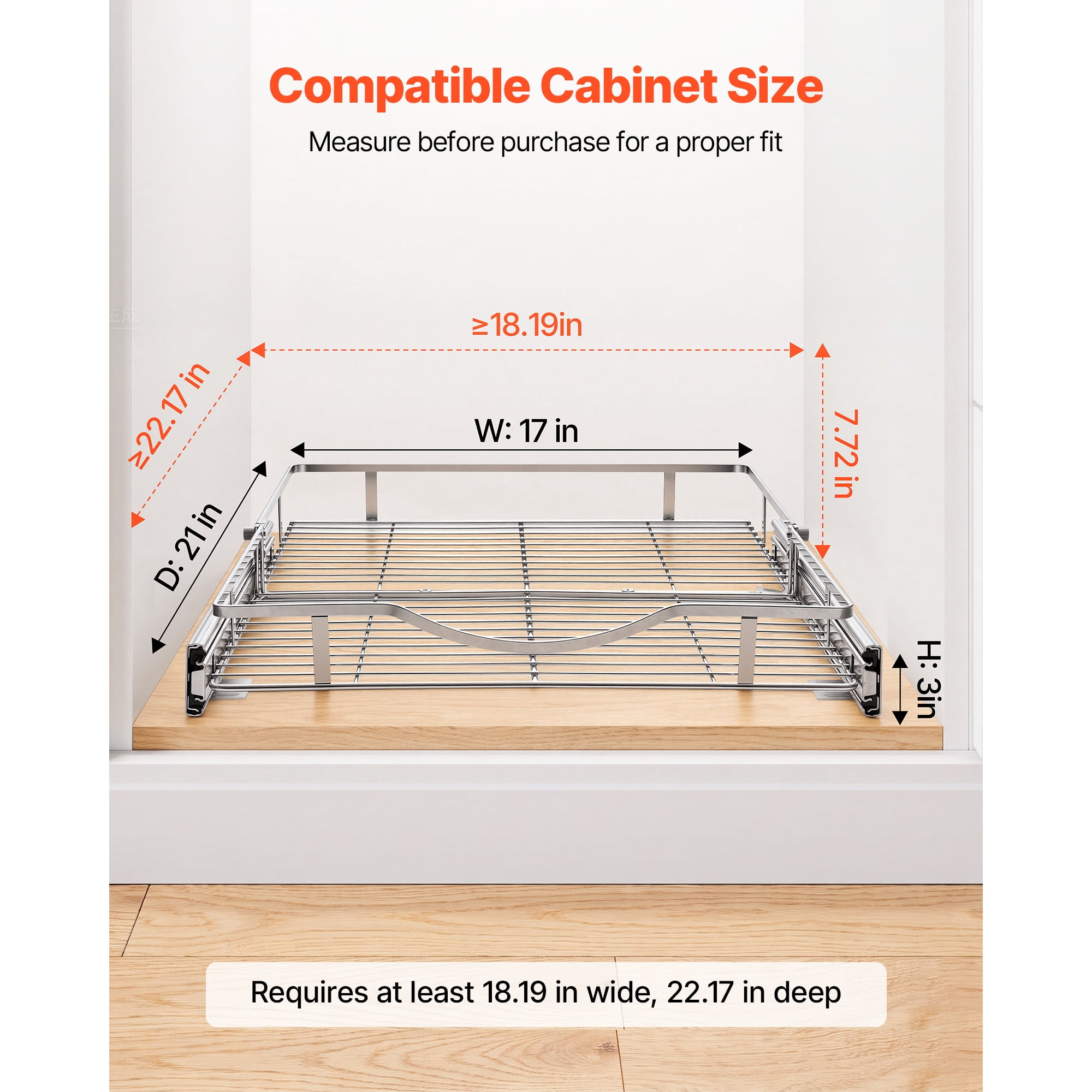 KFFKFF Pull-Out Cabinet Organizer 16.93"W x 21.06"D, Steel Sliding Drawers for Kitchen, Bathroom, Pantry, and Home Storage, Chrome-Plated Finish, Durable Sliding Shelves for Base Cabinets