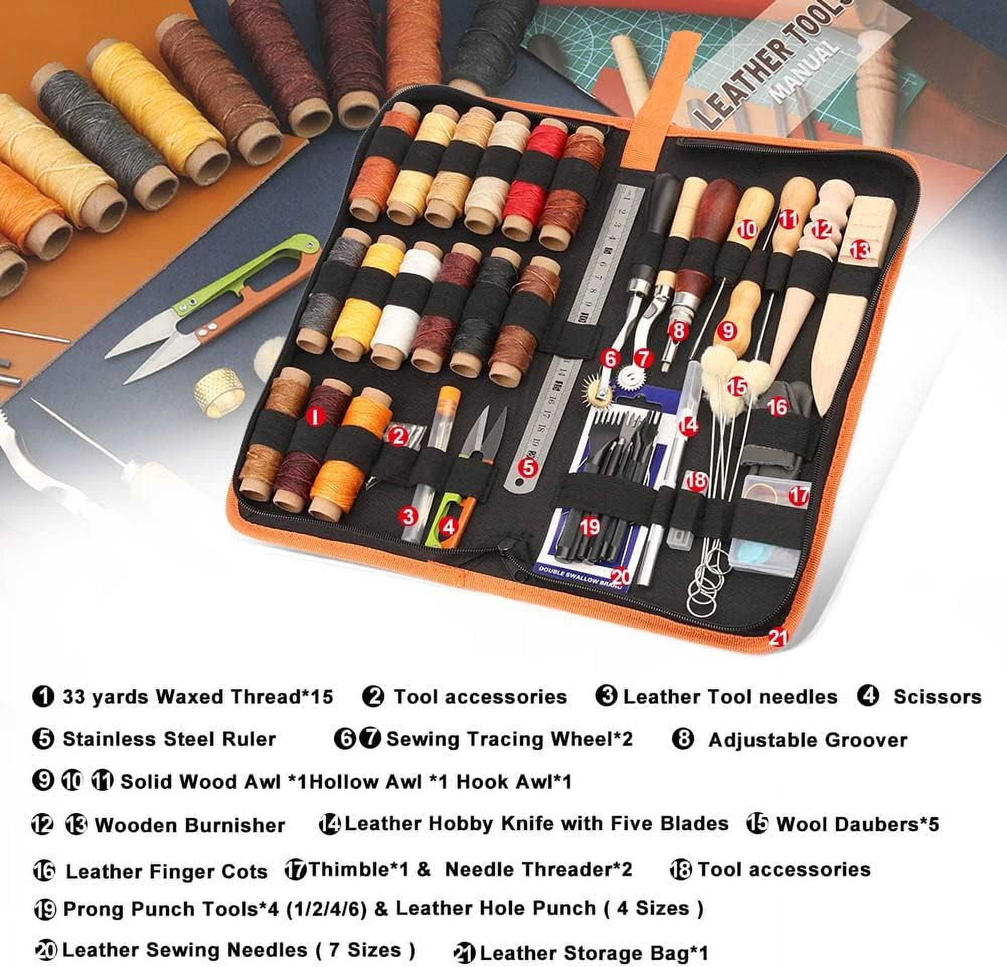 Leather Working Tools, Practical Leather Craft Kit with Waxed Thread Groover Awl Stitching Punch Hole for Leathercraft Beginner or Adults Gifts - Comes with Tool Manual