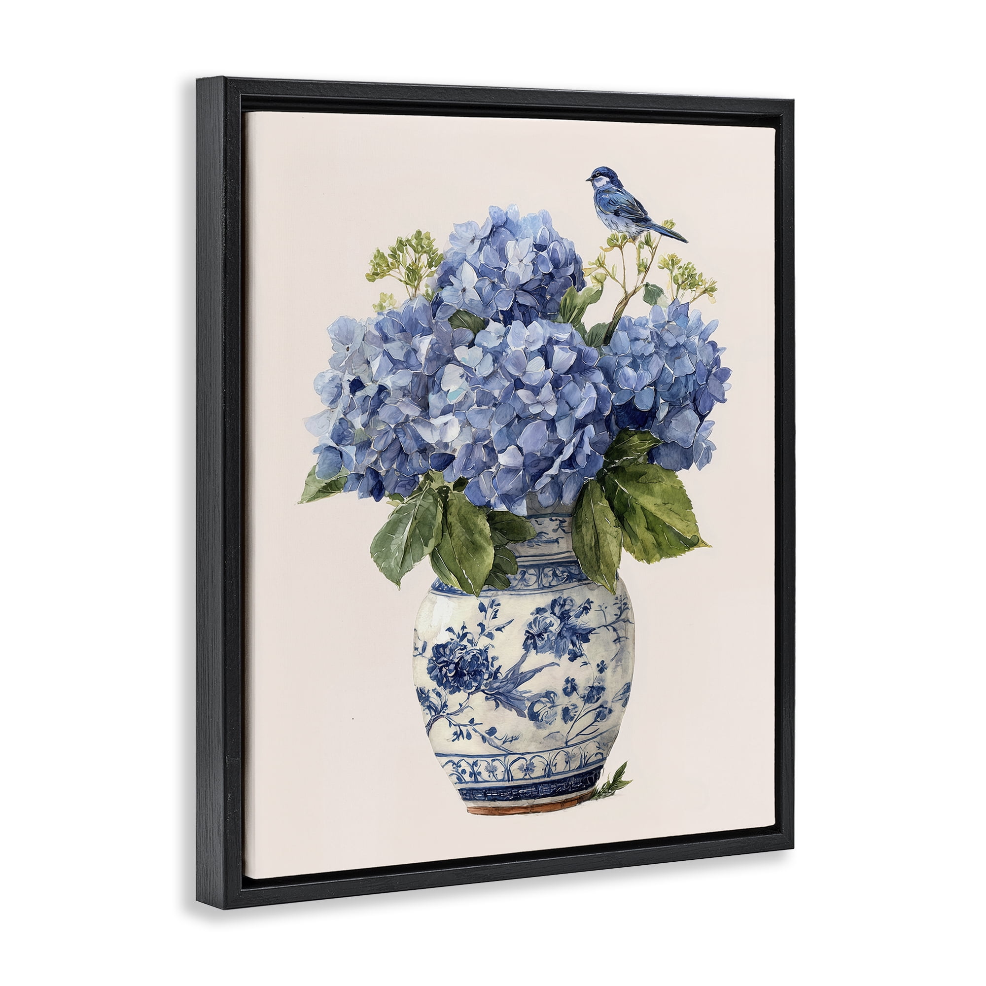 Stupell Industries Songbird Perched on Hydrangeas Black Framed Floater Canvas Wall Art, design by Imagine It Images