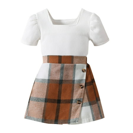 

Kids Toddler Baby Girls Short Sleeve Solid Knit Ribbed Tops Plaid Skirt Shorts 2PCS Outfits Set Size 4 Girls Clothes Teen Two Piece Outfit Crop Top and Skirt Set for Teens New Born Clothes Set for