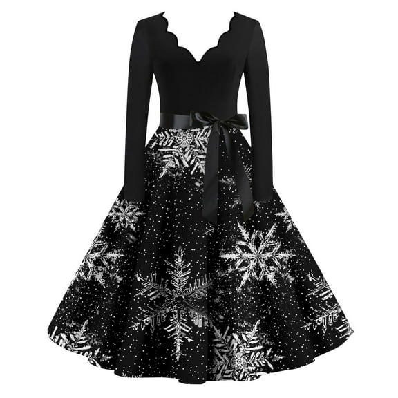 Christmas Dresses for Women Snowflake Dress Christmas Party Costumes Long Sleeve Plus Size Cute V Neck Vintage Dresses Glitter Xmas Tree Print Cocktail Swing Dress