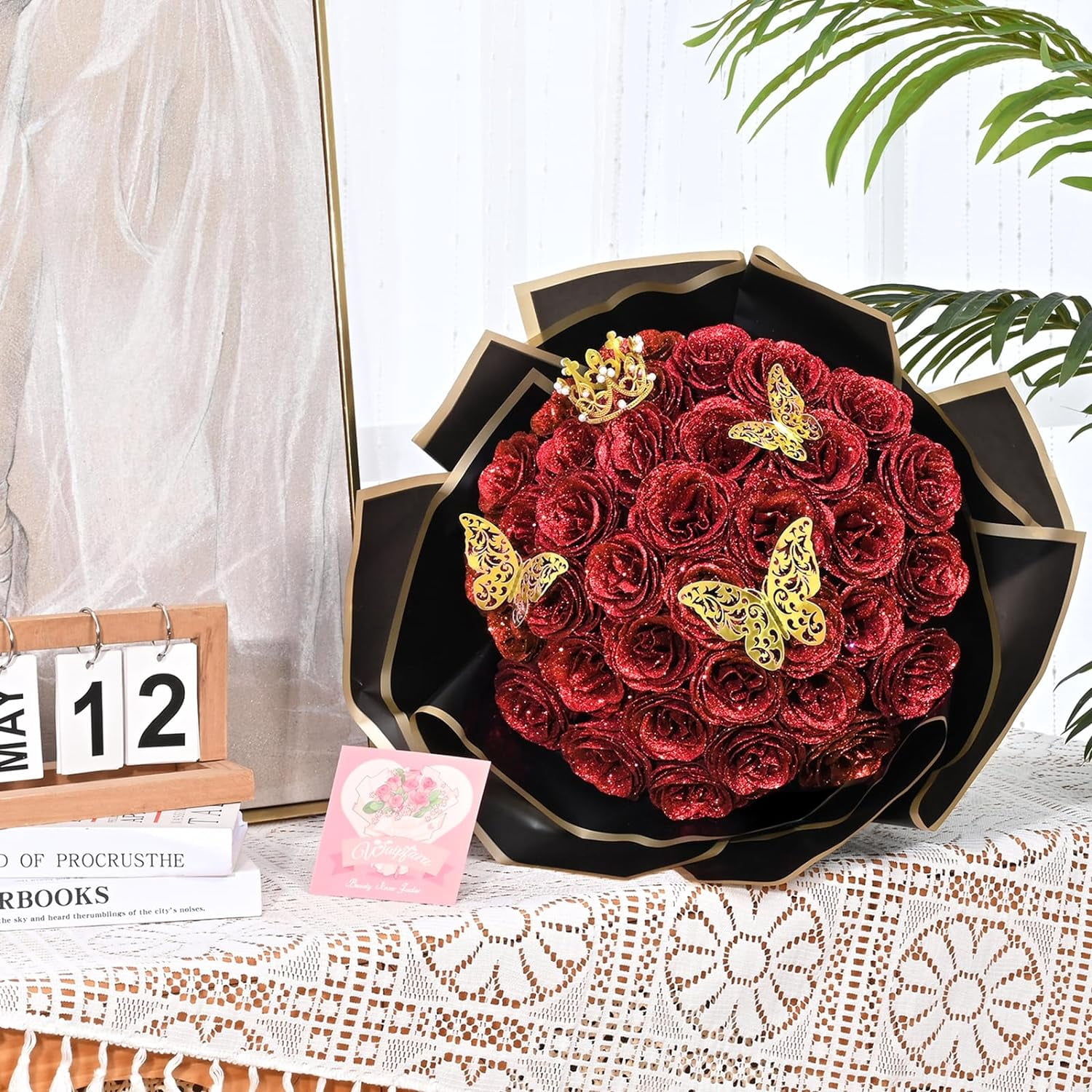 Waipfaru Glitter Roses Bouquet,24pcs Artificial Rose Flower,DIY Glitter Everlasting Rose Bouquet with Stem for Graduation,Engagement,Anniversary,Wedding
