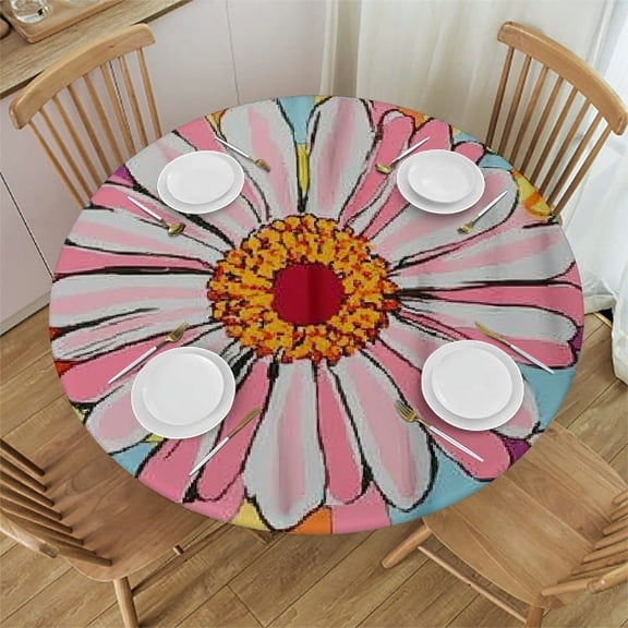 Autua Flowered Pop Art Round Tablecloth Stain-Resistant Washable 100% Polyester 31"-35