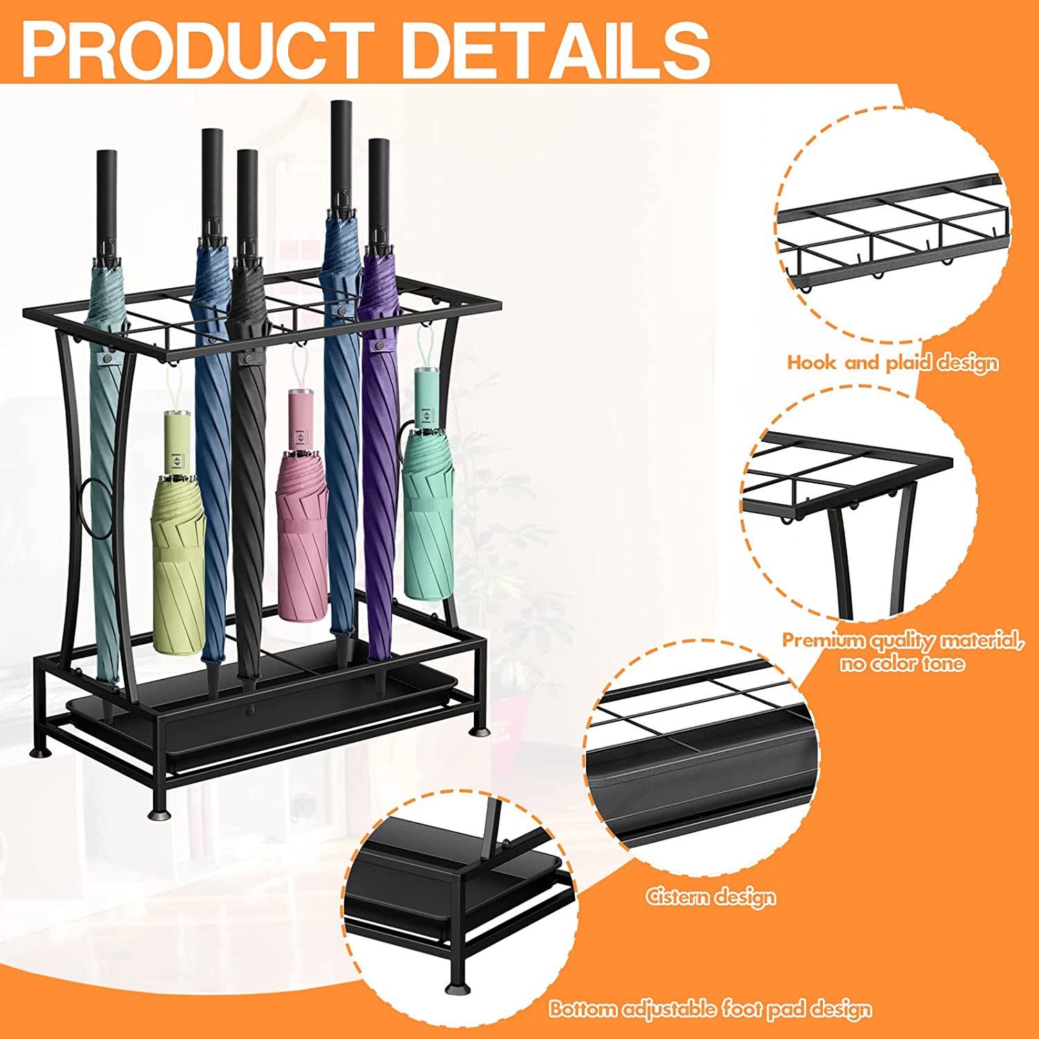 Metal Umbrella Holder Stand with Removable Drip Tray, Industrial Free Standing Umbrella Rack Organizer for Entryway Home Office Patio Decor