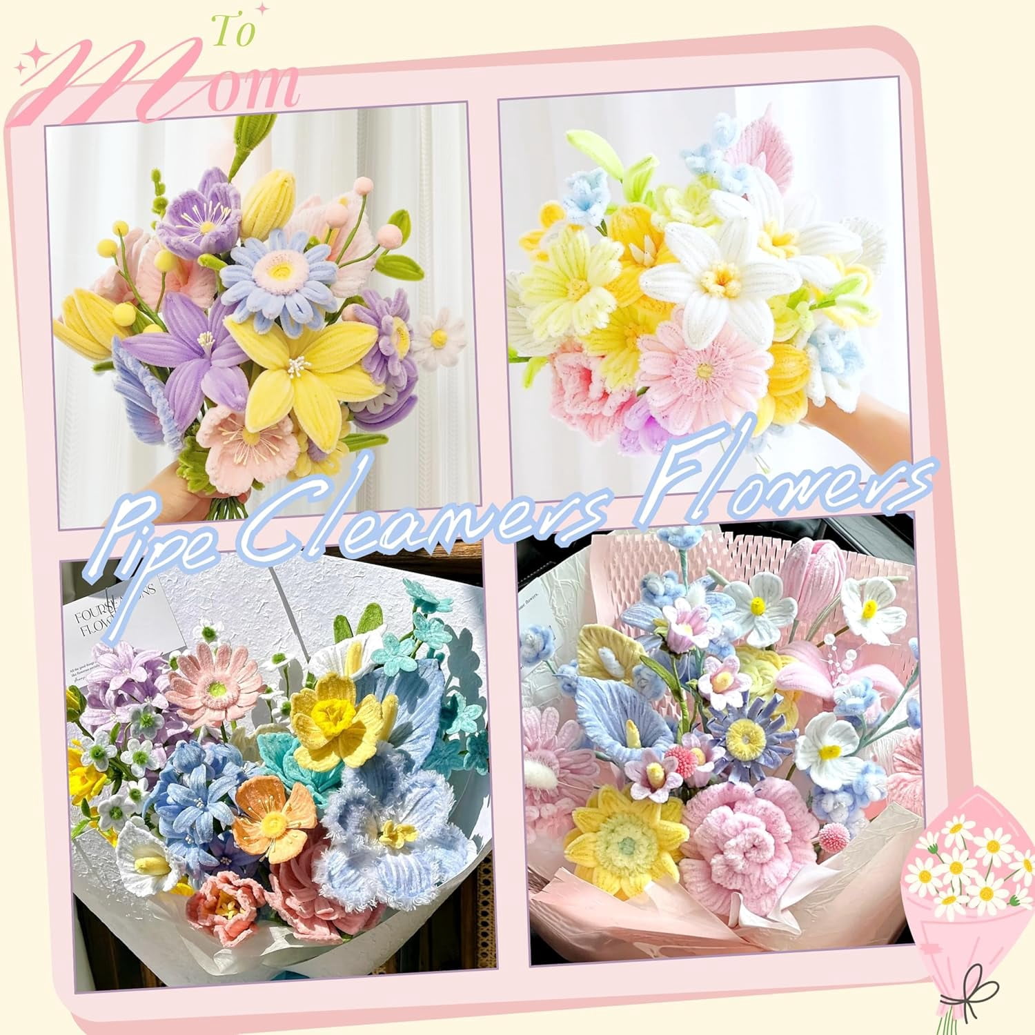 500 Pcs Pipe Cleaner Flower kit with tutoria, Pipe Cleaners Craft(6 Colors), Chenille Stems Flowers Craft kit with 20 pcs Green Floral Wires,Gardening Tape, Stamen(2 Colors), Pearl Beads, Pompoms
