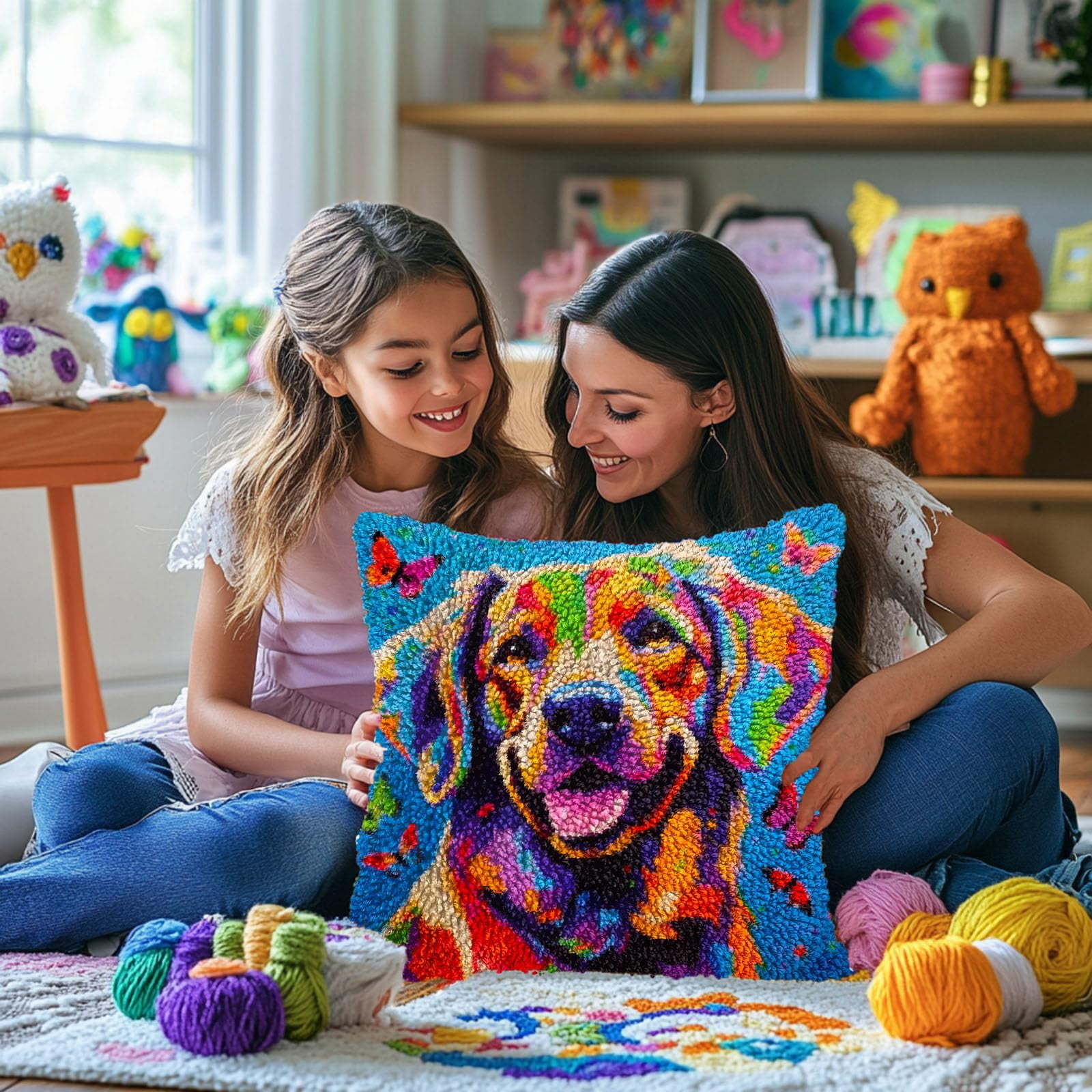 Brittany Spaniel and Colorful Butterflies DIY Latch Hook Pillow Kits for Adults Printed Pillowcase Crochet Yarns Hooking Handmade Pillow Cover Cushion for Home Sofa Decoration 17x17inch(2)