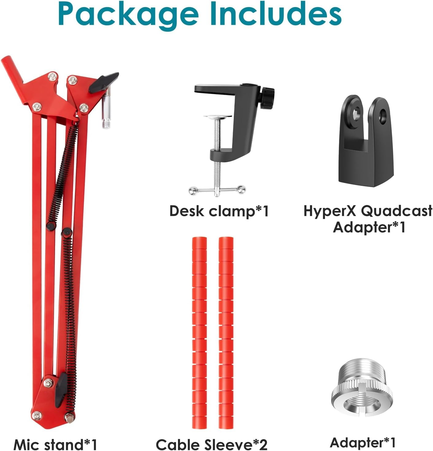 SUNMON Boom Arm Compatible with HyperX Quadcast Microphone, Quadcast Boom Arm with Adapter and 2 Cable Sleeve for Gaming, Streaming（Red）