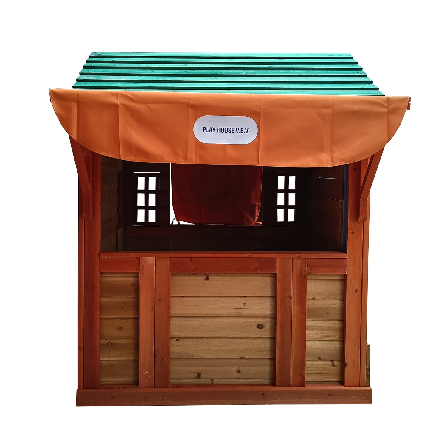 Kadyn 64.17" Outdoor Wooden 4-in-1 Game House, Outdoor Playhouse for kids garden playhouse with different games on every surface, Golden