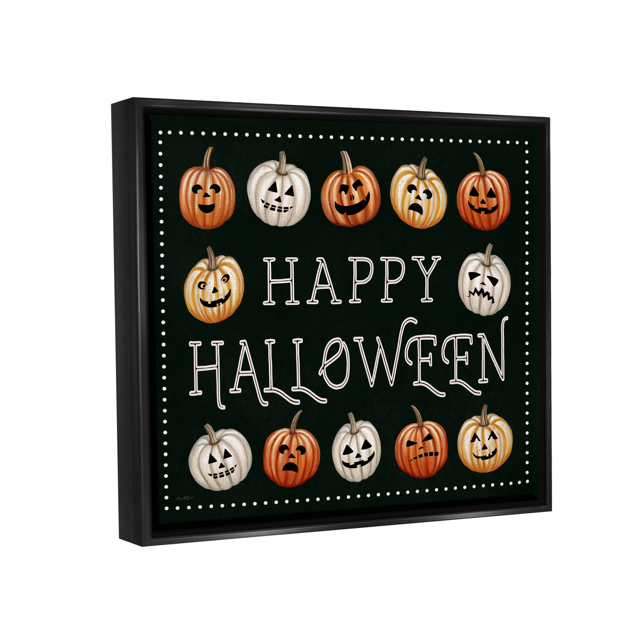 Stupell Industries Happy Halloween Jack-o-Lanterns Graphic Art Jet Black Floating Framed Canvas Print Wall Art, Design by Elizabeth Tyndall