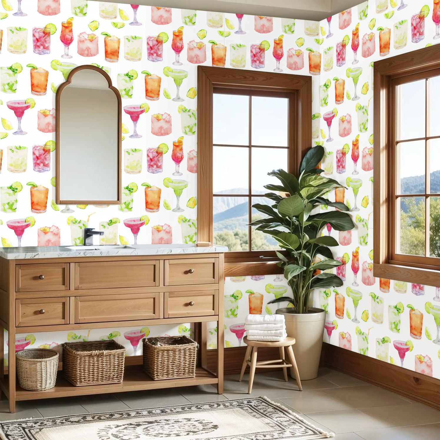 Peel and Stick Wallpaper Watercolor Cocktail Drinks Colorful Glasses Citrus Slices Wall Mural 23.6in x 9.8ft Self Adhesive Removable Wall Paper Renter Friendly Wallpaper for Nursery Bedroom Cabinets