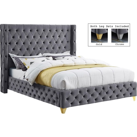 Bowery Hill Contemporary Deep Button Tufted Rich Gray Velvet Queen Bed