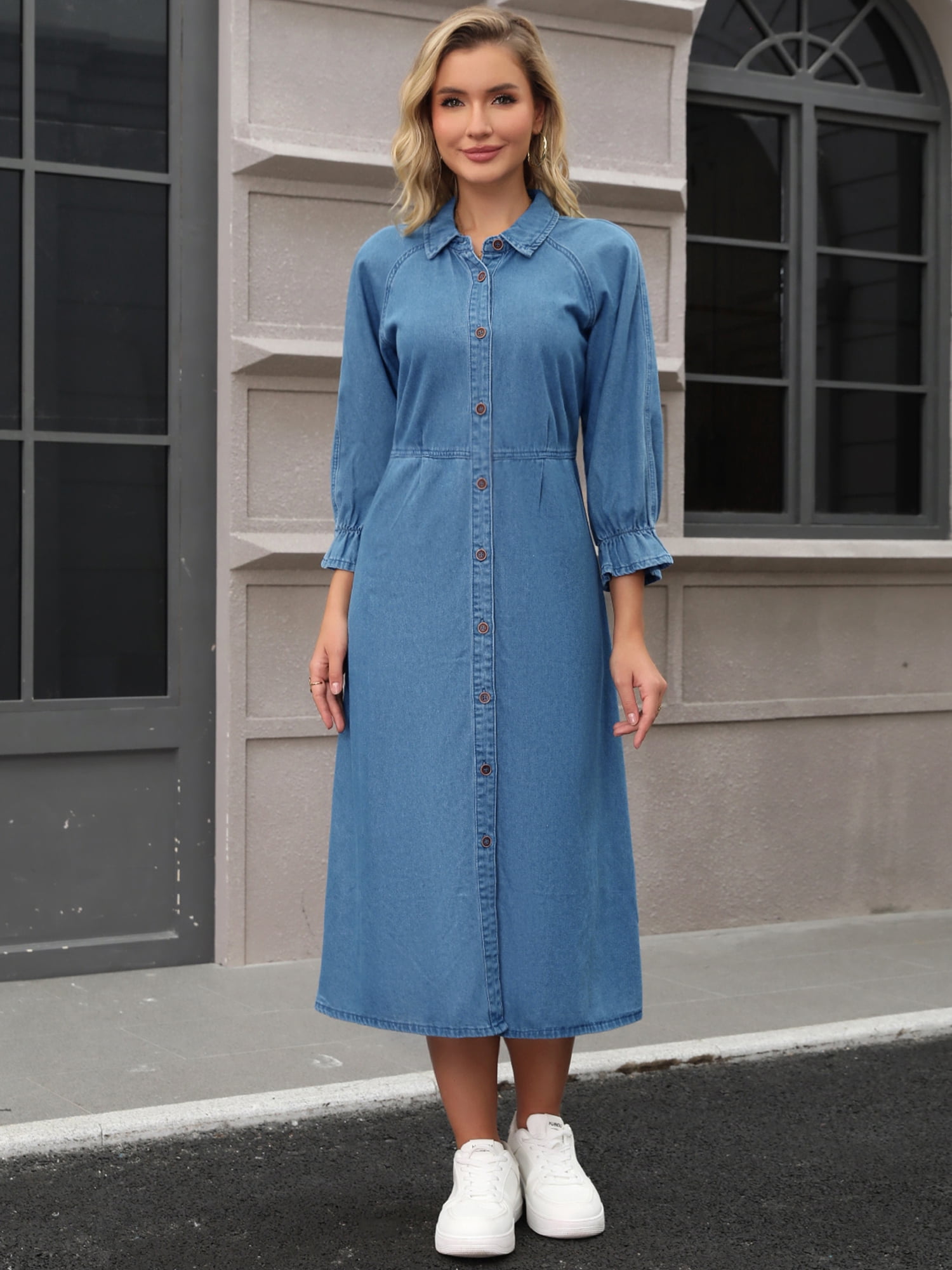 DARING DIVA Women's Ruffle 3/4 Sleeve Jean Button Down Shirt Dress L Blue