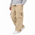 thumbnail image 3 of Men's Cargo Casual Pants Drawstring Elastic Waist Straight Leg Trousers Lightweight Trendy Loose Fit Pants with Pockets Beige 4XL, 3 of 5