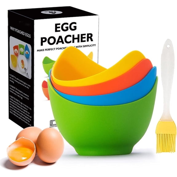 Egg Poacher - SILOON Poached Egg Cooker with Ring Standers, Silicone Egg Poacher Cup for Microwave or Stovetop Egg Poaching, with Extra Oil Brush, BPA Free, 4 Pack