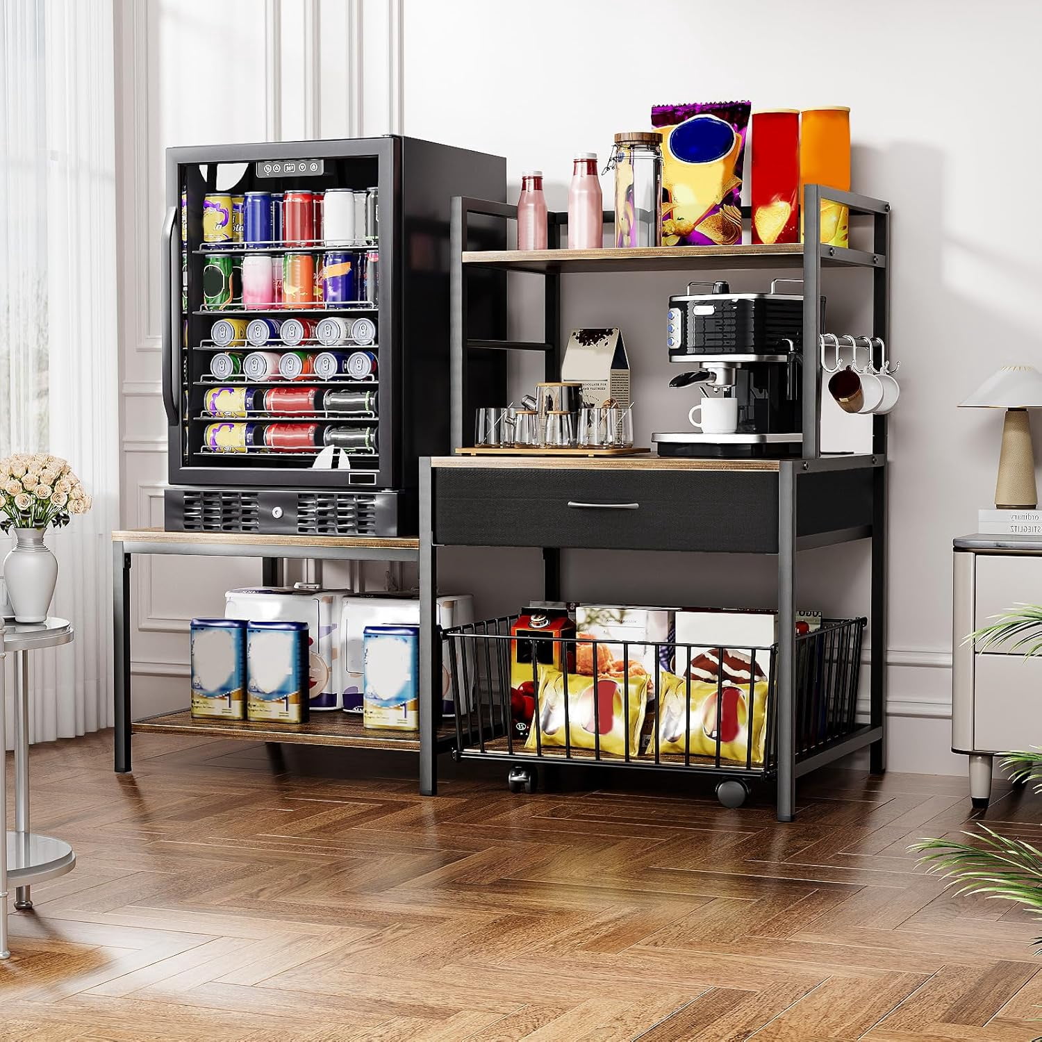 Bakers Rack with Mini Fridge Stand & Microwave Shelf – Coffee Bar with Drawer, Rolling Basket Storage & Hooks – Heavy Duty Kitchen Organizer for Apartments, Dorms & Living Rooms, Brown