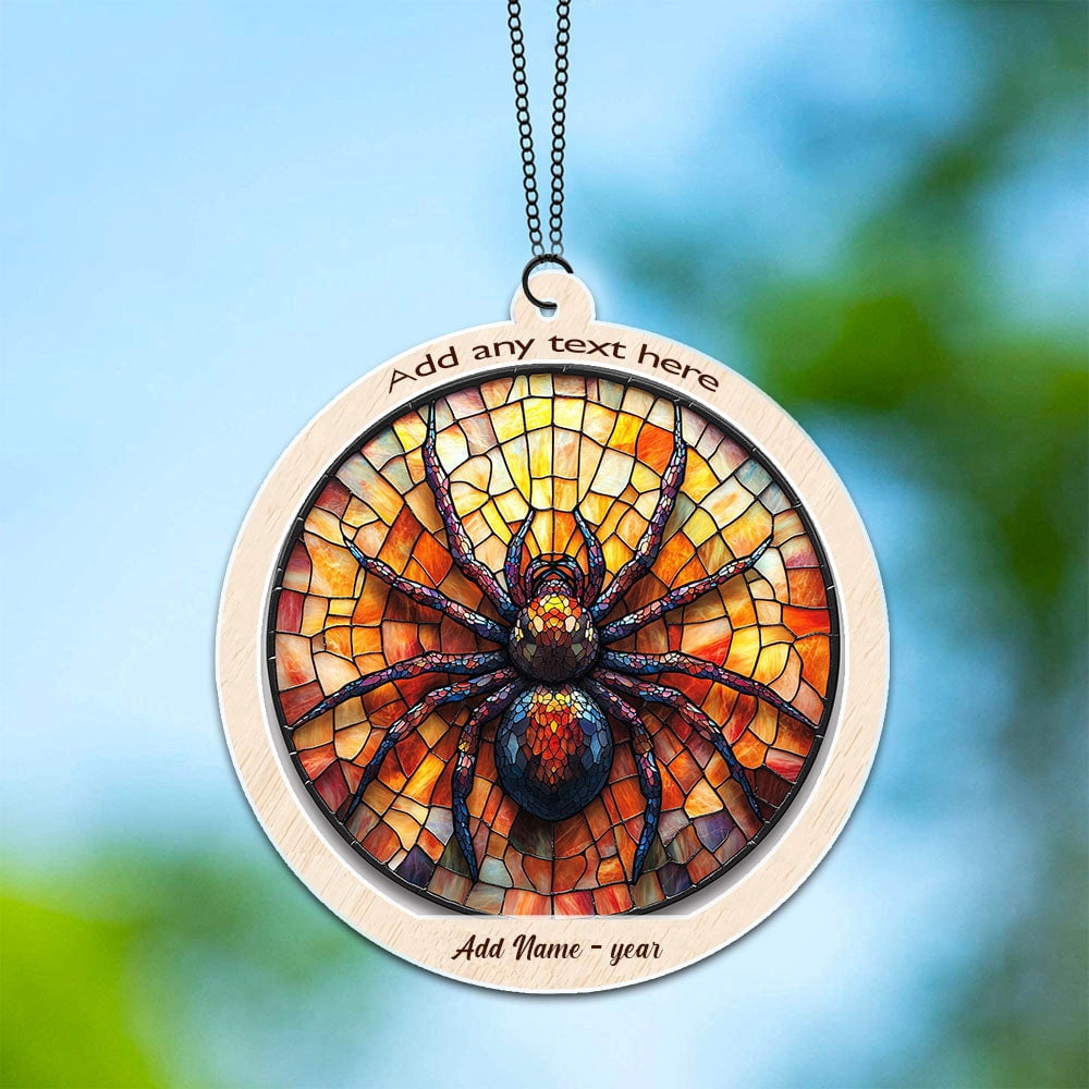 Jumping Spider Stained Glass Suncatcher Ornament – Holiday Ornament with Text for Loved Ones, Family & Friends, Christmas 2025 Decoration