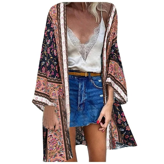 Lilgiuy Women Print Casual Beach Cardigan Blouse Shawl Loose Top Outwear(Pink,14) Fall Fashion 2022 Spring Winter