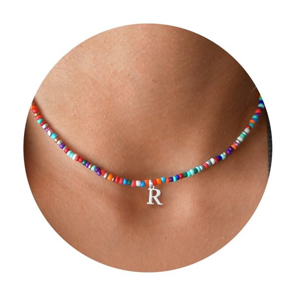 Yoosteel Initial Necklace for Girls Women Colorful Beaded Charm Initial Necklace Stainless Steel Silver Initial Necklace Handmade Boho Necklace Jewelry Gifts for Teen Girls