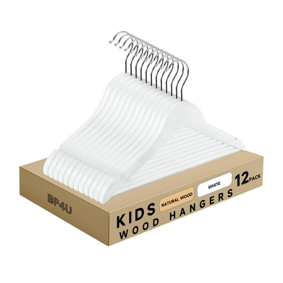 BP4U 12-Pack Kids Wooden Hangers with Pants Bar, Ultra-Slim Baby Solid Wood Clothes Hangers with 360° Swivel Hook for Toddler & Youth Coats/Dresses