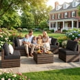 thumbnail image 4 of Gaildon 7 Patio Outdoor Furniture Wicker Sectional Sofa Couch Lawn Sectional Black Glass Table, Black, 4 of 7