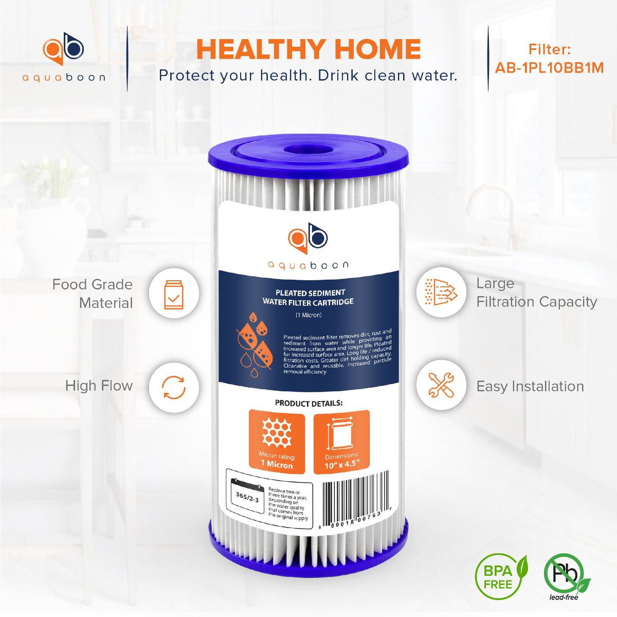 Aquaboon 1 Micron 10" Pleated Sediment Water Filter Replacement Cartridge | Whole House Sediment Filtration | Compatible with FM-BB-10-1, ECP1-BB, FM-BB-10-1A, HDC3001, WPC1FF975, 20-Pack