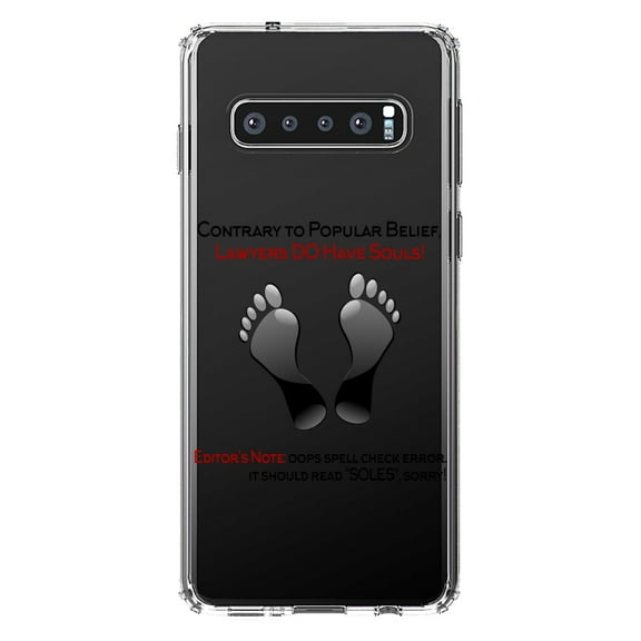 DistinctInk Clear Shockproof Hybrid Case for Samsung Galaxy S10  PLUS (6.4" Screen) - TPU Bumper Acrylic Back Tempered Glass Screen Protector - Lawyers DO Have Souls Oops Soles