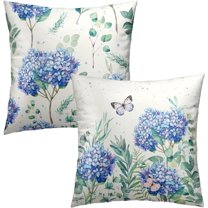 Spring Blue Hydrangea Flowers Throw Pillow Covers Set of 2 Butterfly Eucalyptus Leaves Decorative Outdoor Pillowcase Blue Floral Blossom Farmhouse Cushion Case for Home Sofa Couch Bed Decor 18x18 in