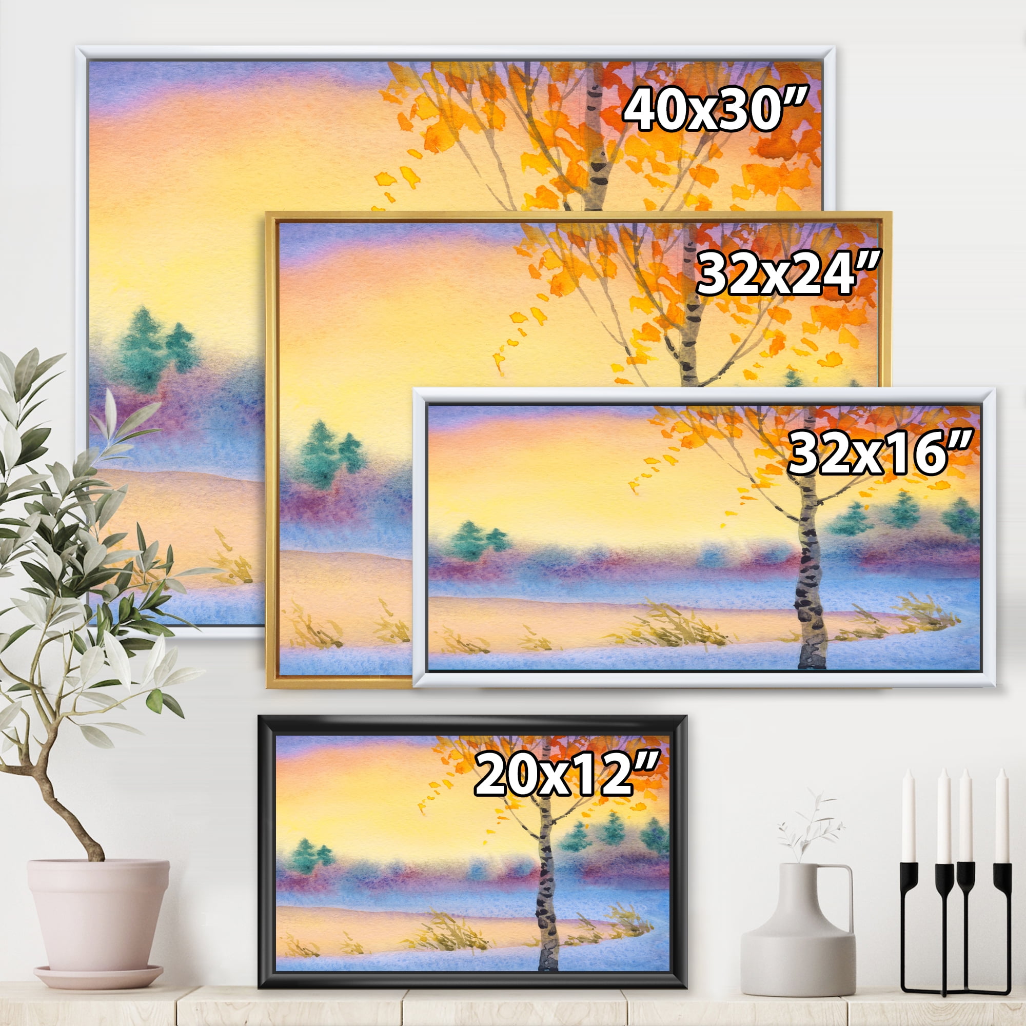 Evening Sky Over Lake Winter Landscape 40 in x 30 in Framed Painting Canvas Art Print, by Designart