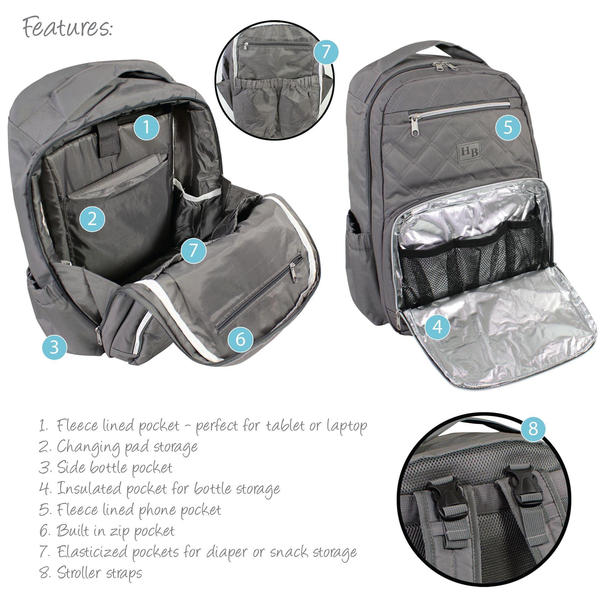 Hudson Baby Premium Diaper Bag Backpack and Changing Pad, Charcoal, One Size