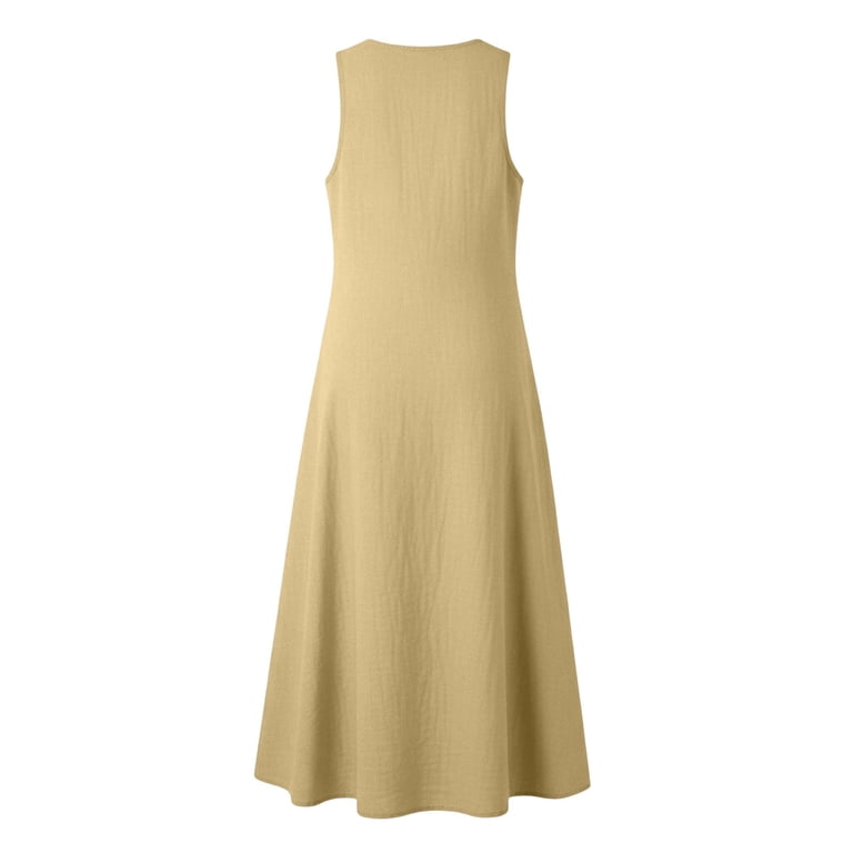 women mercerized cotton v neck a line long dress Ladies Summer Cotton Linen Long Dress, Sleeveless Elegant Flowy Maxi Dresses, Plus Size Loose Comfy Tank Sundress with Pockets Modest Summer Dresses
