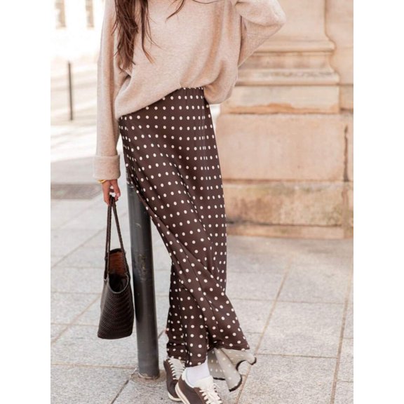 Coffee Brown Polka Dot Satin A-Line Maxi Skirt Flowy Long Skirt