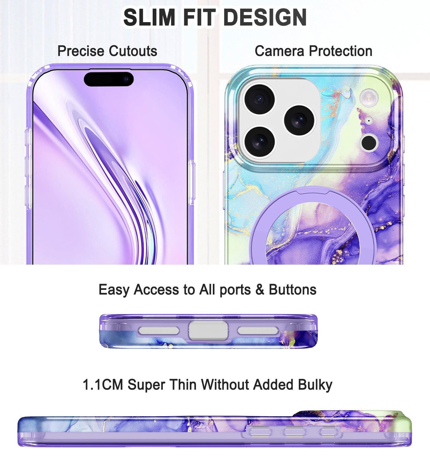 CASEFIV for iPhone 17 Pro Case with Magnetic Invisible Ring Stand [Compatible with Mag-Safe],Full Body Rugged Slim Shockproof Marble Pattern Design Casefor Women Men Girls,Violet